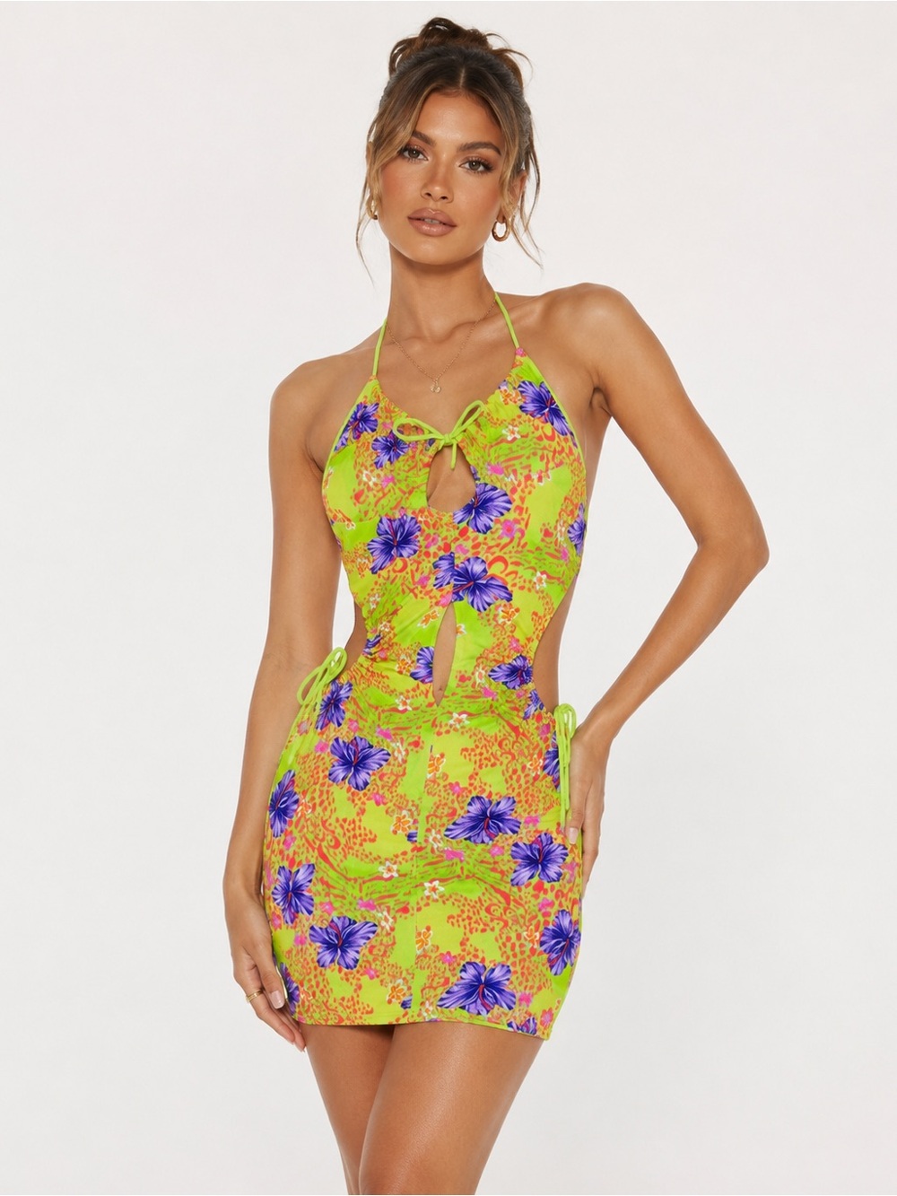 I.AM.GIA Tropical Floral Cutout Halter Mini Dress Size S